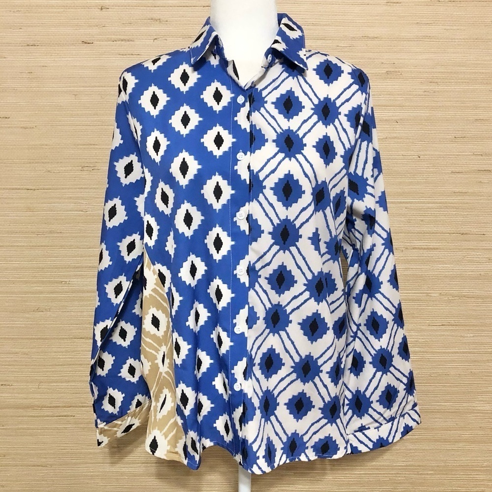 Women’s Blue White Gold Abstract Colorblock Button Front Bell Sleeve Shirt Large